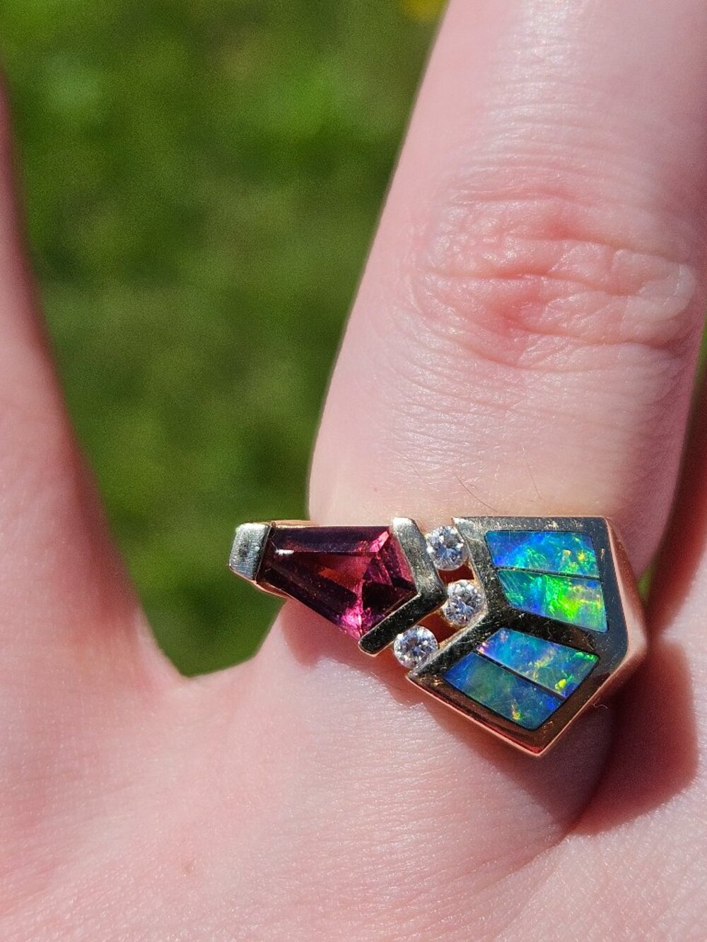 Kabana 14K Yellow Gold Black Opal Diamond & Pink Tourmaline Cocktail Ring Size 7